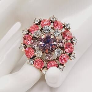 Vintage Pink Lavender Clear Rhinestone Brooch Gold Tone Round Floral 1.5”